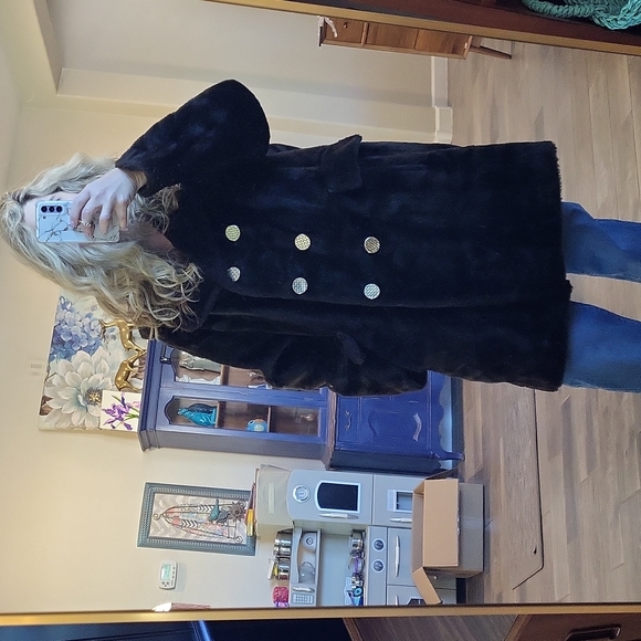 Vintage Carol Brent Faux Fur Pea Coat Gold Buttons Funky Printed Lining Size 2X - Picture 2 of 14